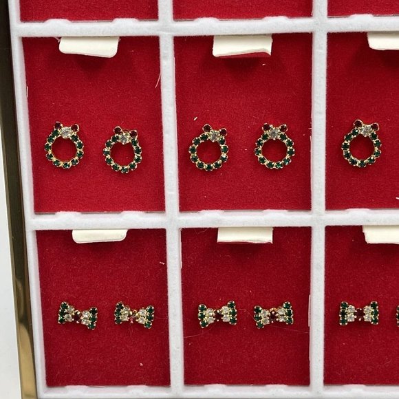 Vintage Earrings Christmas On Store Display Holiday Pierced 12 Pairs Rhinestones - Picture 9 of 12